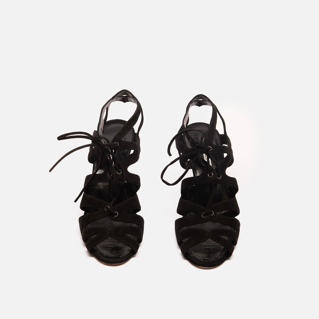 Manolo Blahnik Black Lace-Up Suede Strappy Heels