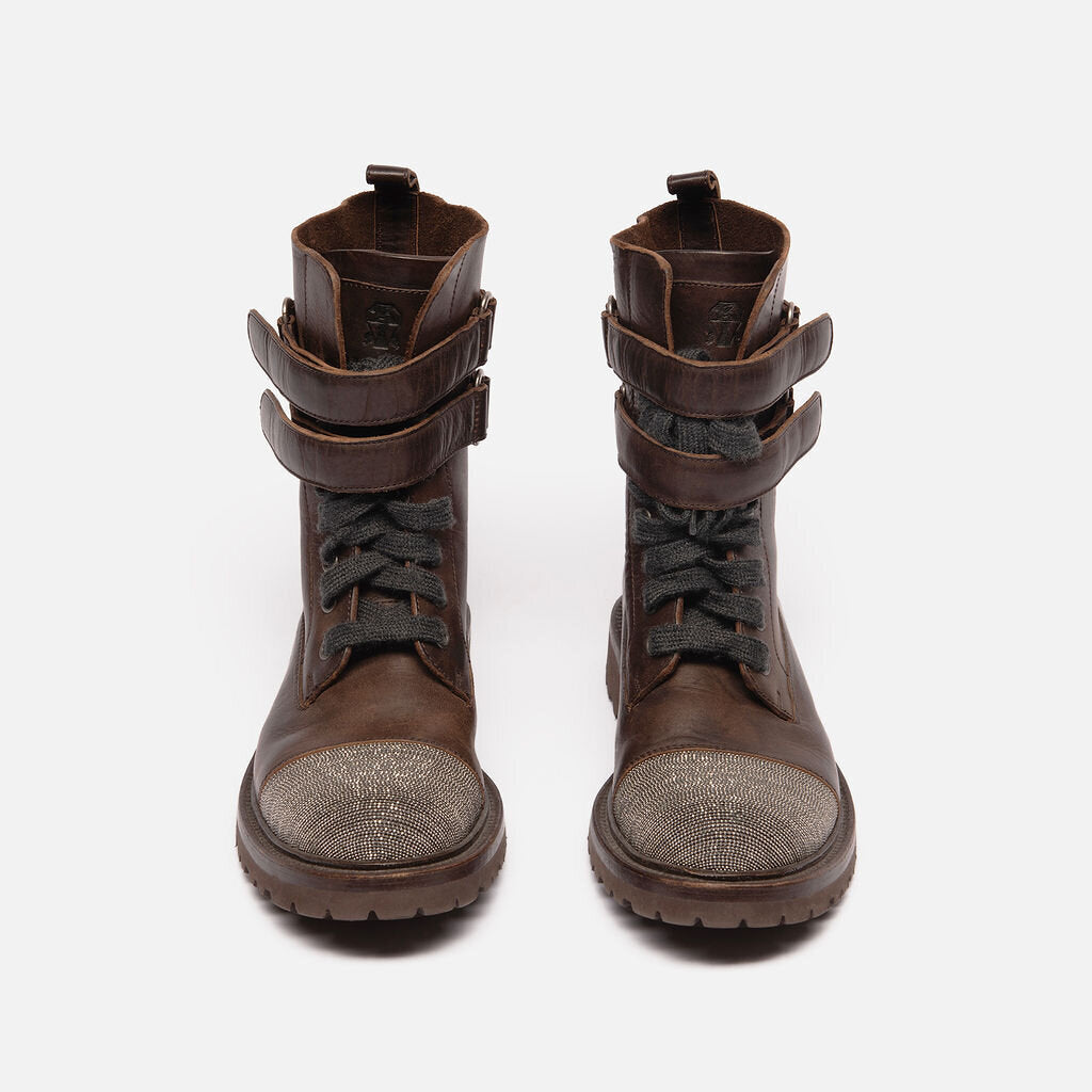 Brunello Cucinelli Brown Leather Monili Bead Combat Boots
