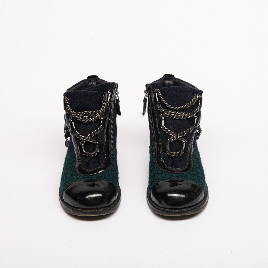 Chanel Green/Blue Tweed Chain Boot (As Is)