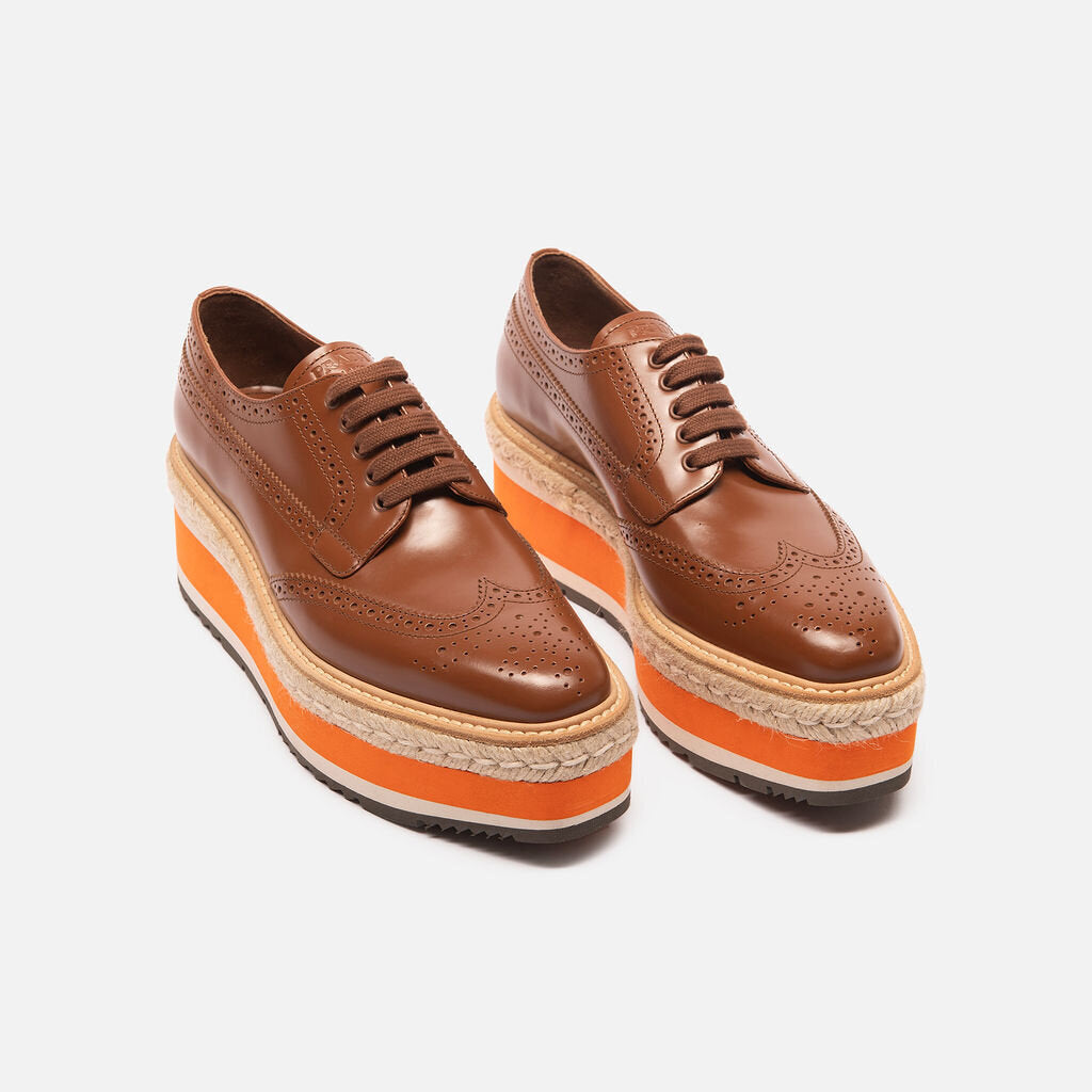 Prada Brown Leather Orange Platform Oxfords Shoes