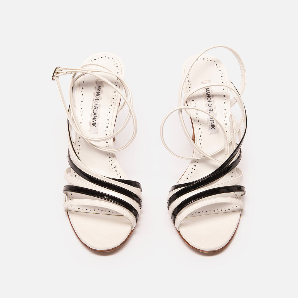 Manolo Blahnik B&W Strappy Patent Heels