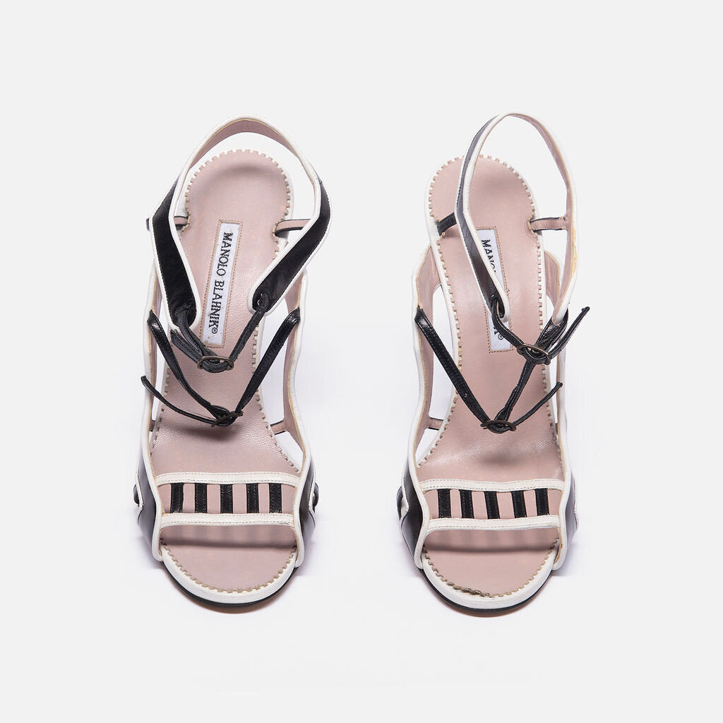 Manolo Blahnik Black/White Leather Ankle Strap Sandal