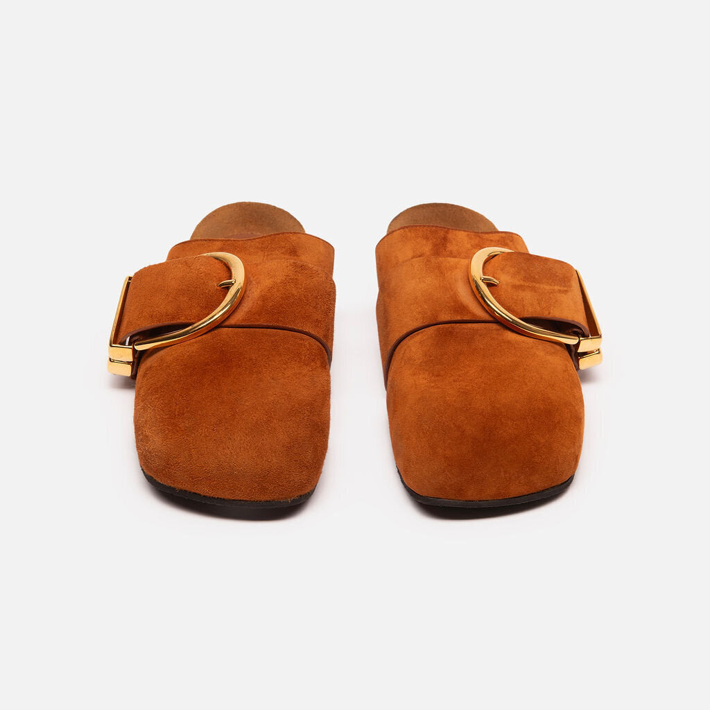 Khaite Rust Suede Mules with Gold Buckle