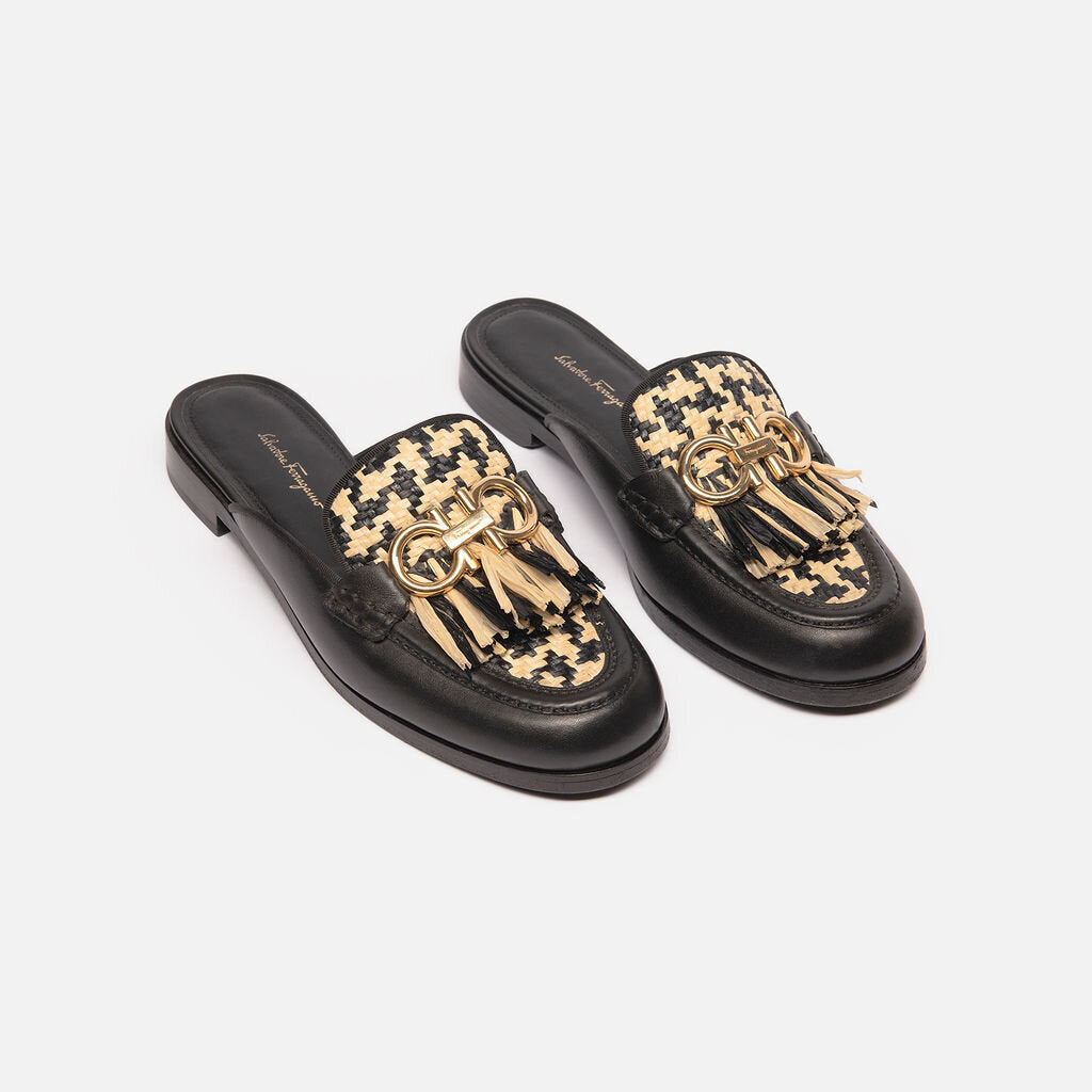 Salvatore Ferragamo Black Leather Raffia Woven Mule