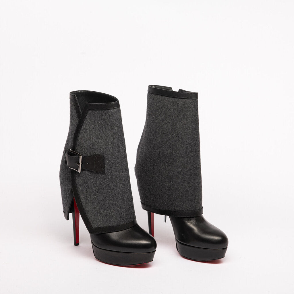 Christian Louboutin Black Leather Wool-Overlay Heeled Boots