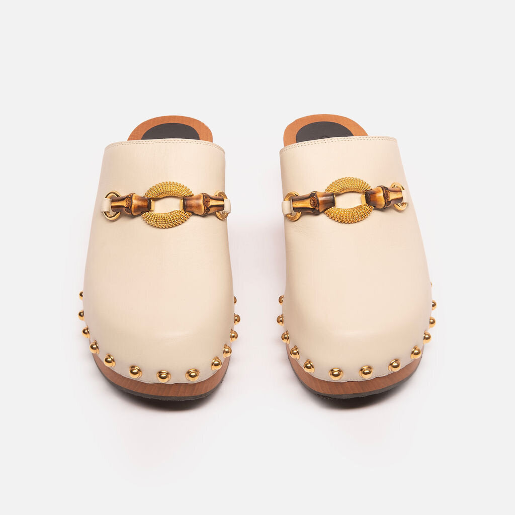 Gucci Cream Leather Bamboo Horsebit Clog